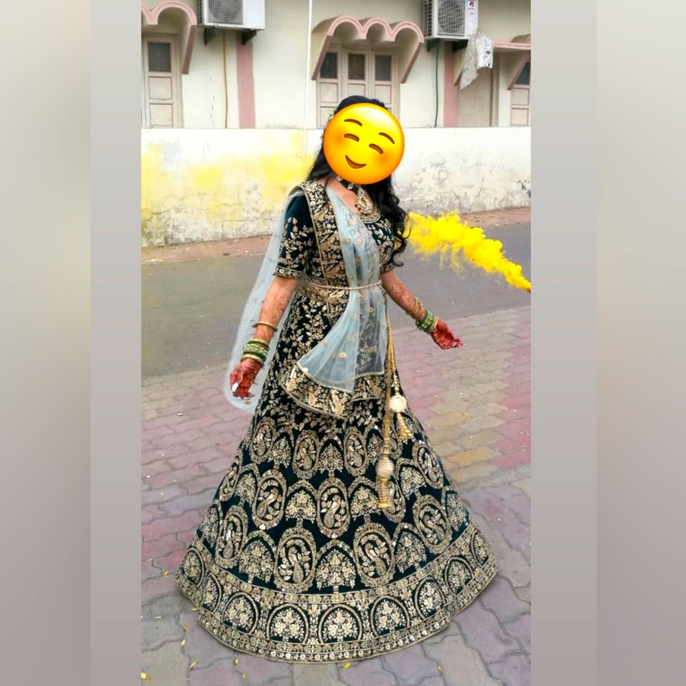 Emerald green Designer velvet reception lengha from Mindhal